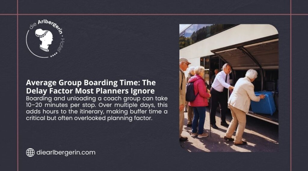 Average Group Boarding Time: The Delay Factor Most Planners Ignore. Senior coach group boarding a tour bus with luggage loading, showing 10–20 minutes average per stop for older travelers.
