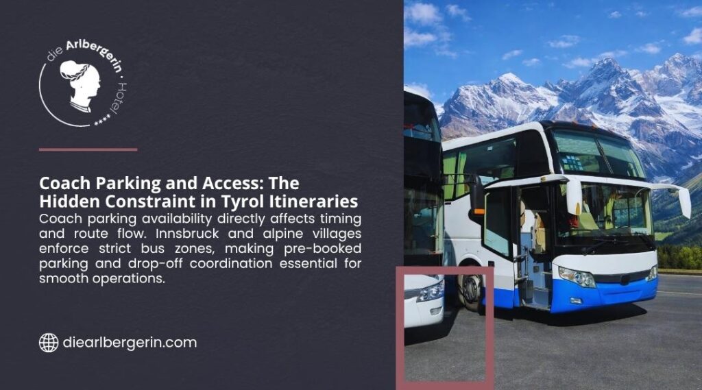 Coach Parking and Access: The Hidden Constraint in Tyrol Itineraries. White and blue coach buses parked with open doors against dramatic snow-capped Tyrolean Alps under clear blue sky, highlighting parking access for group tours.