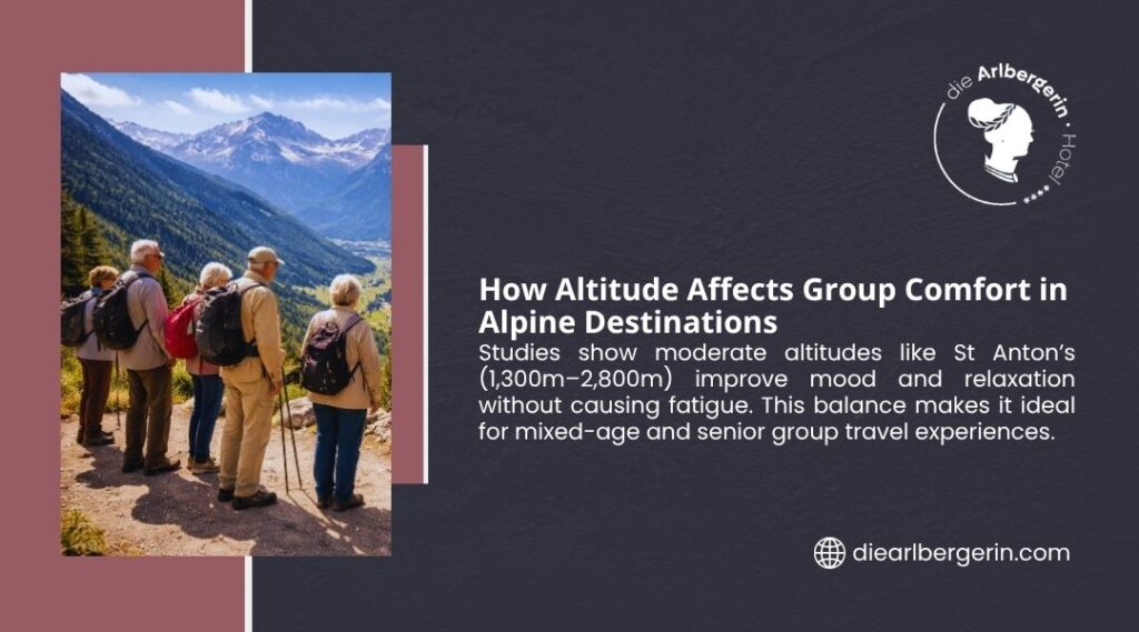 How Altitude Affects Group Comfort in Alpine Destinations. Group of senior hikers enjoying panoramic mountain views at moderate altitude. Studies highlight benefits of 1,300–2,800m for comfort and relaxation without fatigue.