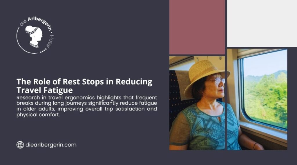 The Role of Rest Stops in Reducing Travel Fatigue. Infographic showing frequent breaks during long journeys significantly reduce fatigue in older adults. Senior woman in straw hat relaxing by train window with scenic green landscape view.