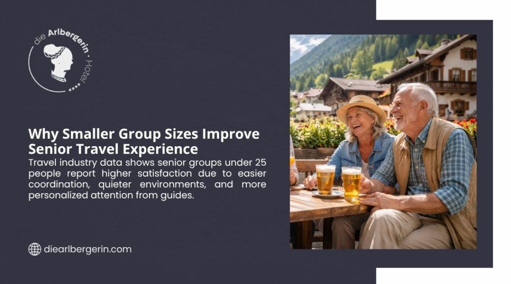Senior couple smiling and enjoying drinks at an outdoor table in a sunny Austrian alpine village. Smaller senior groups under 25 people provide higher satisfaction through easier coordination and personalized attention.