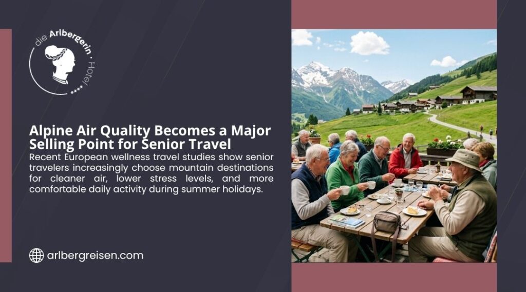 A group of seniors dine on an Alpine terrace with mountain views, showing why clean alpine air quality is a major selling point for senior travel.