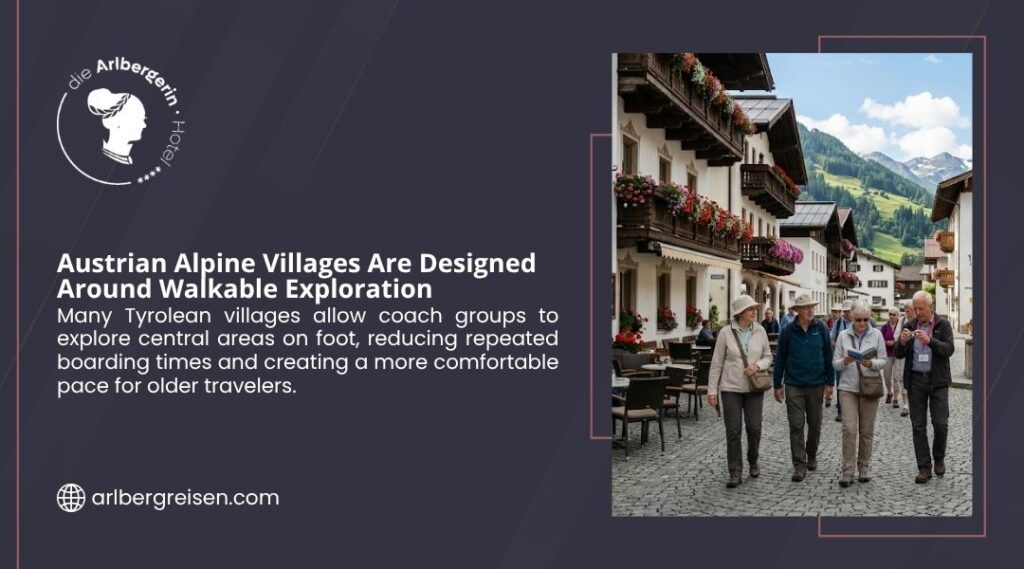 Senior group exploring charming Austrian Alpine village on foot along cobblestone streets. Arlbergerin graphic on walkable exploration in Tyrolean villages