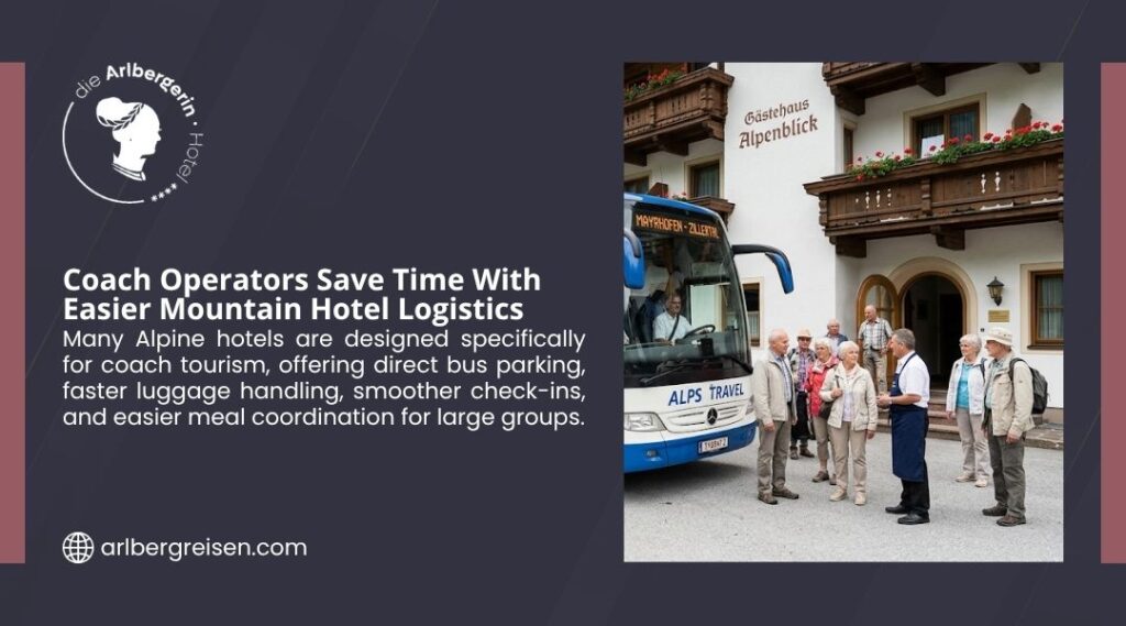 A senior tour group arrives by coach at an Alpine Gästehaus, illustrating how coach operators save time with easier mountain hotel logistics