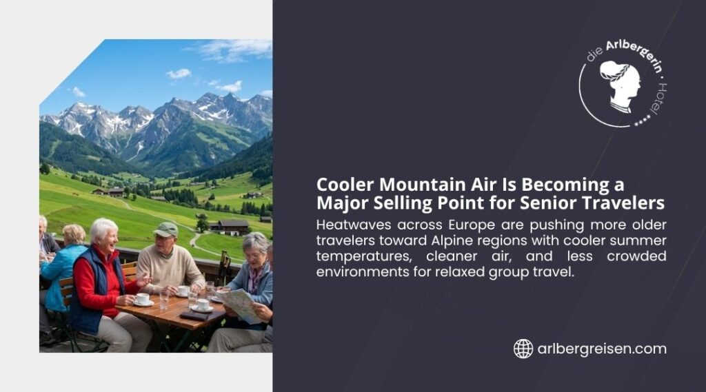 Senior travelers enjoying coffee on a terrace with views of the Alps, highlighting cooler mountain air as a top selling point for Alpine group travel with Arlberg Reisen.