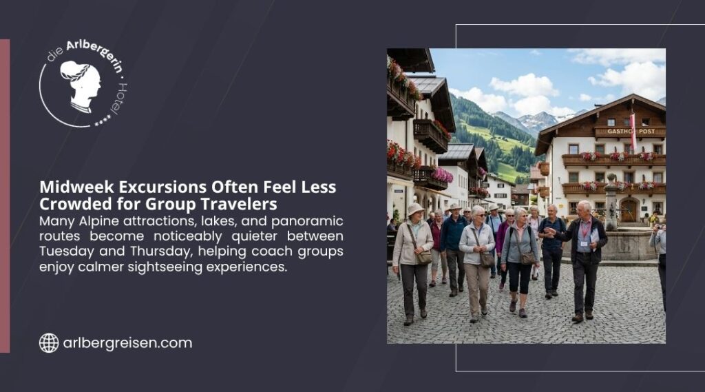 Senior group travelers walking through quiet Alpine village square on midweek excursion. Arlbergerin graphic highlighting less crowded experiences for coach groups.