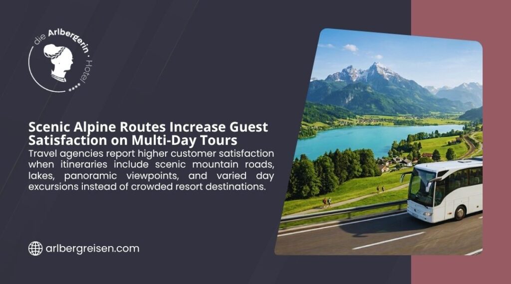 A coach bus travels along a scenic Alpine road beside a turquoise lake and mountain peaks, showing how scenic routes increase guest satisfaction on multi-day tours