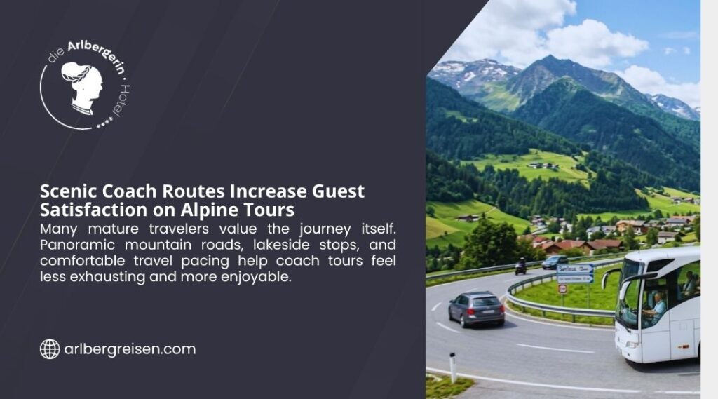 White coach bus on scenic Alpine mountain road with stunning green valleys and peaks. Arlbergerin graphic on how scenic coach routes increase guest satisfaction on Alpine tours.