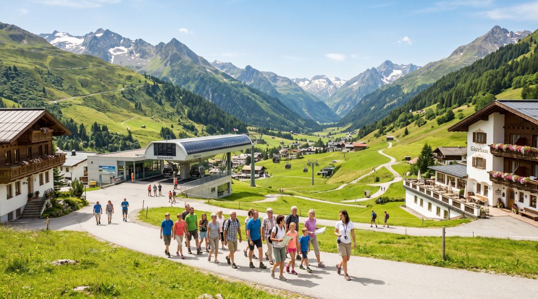 Group tour walking along a scenic path in summer St. Anton Arlberg, with cable car station, green alpine meadows, traditional buildings and snow-capped mountains under blue skies.