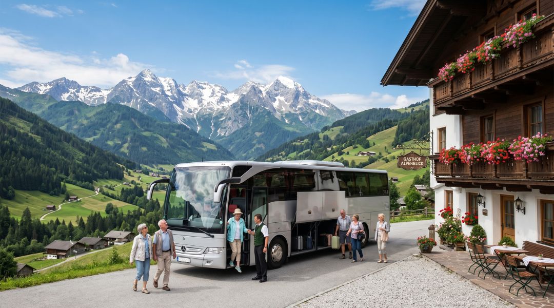 Senior tour group arriving by luxury coach at scenic Alpine hotel with dramatic mountain backdrop. Picturesque group travel scene in Austrian Alps.