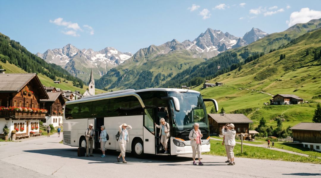 Senior coach tourists step off a bus in a sunny Austrian Alpine village surrounded by green mountains, showing why coach groups prefer mountain destinations in summer.