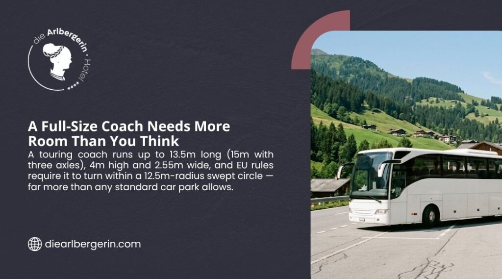 White tour bus parked in spacious area with mountain backdrop, with headline 