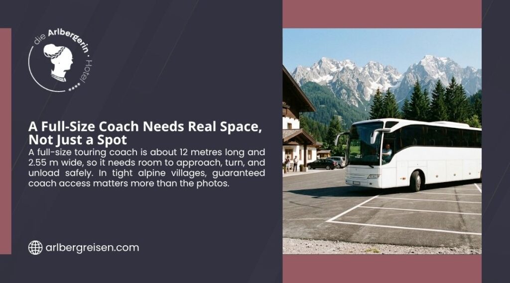 White tour bus parked in spacious lot with mountain backdrop, with headline 