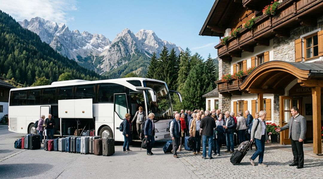 Group of tourists with luggage standing beside tour bus in front of alpine hotel, with headline 