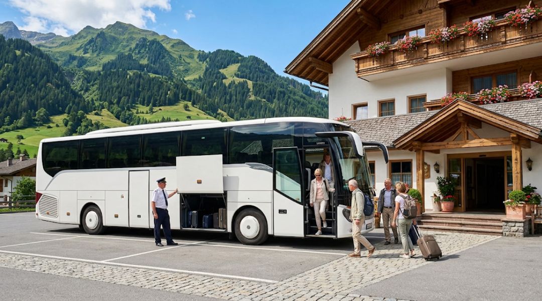 Tour bus parked at alpine hotel with passengers disembarking and driver assisting, with headline 