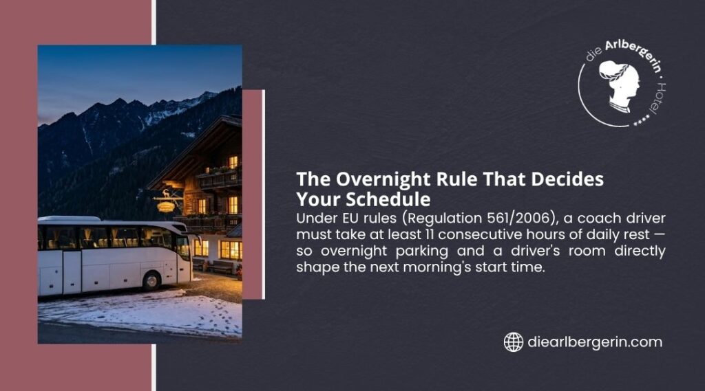 White tour bus parked in front of illuminated alpine hotel at dusk with snowy mountains, with headline 