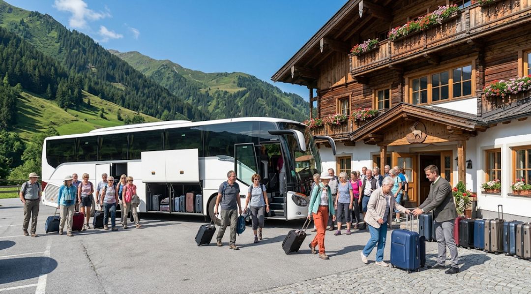 Tour group with luggage disembarking from coach bus in front of alpine hotel, with headline 