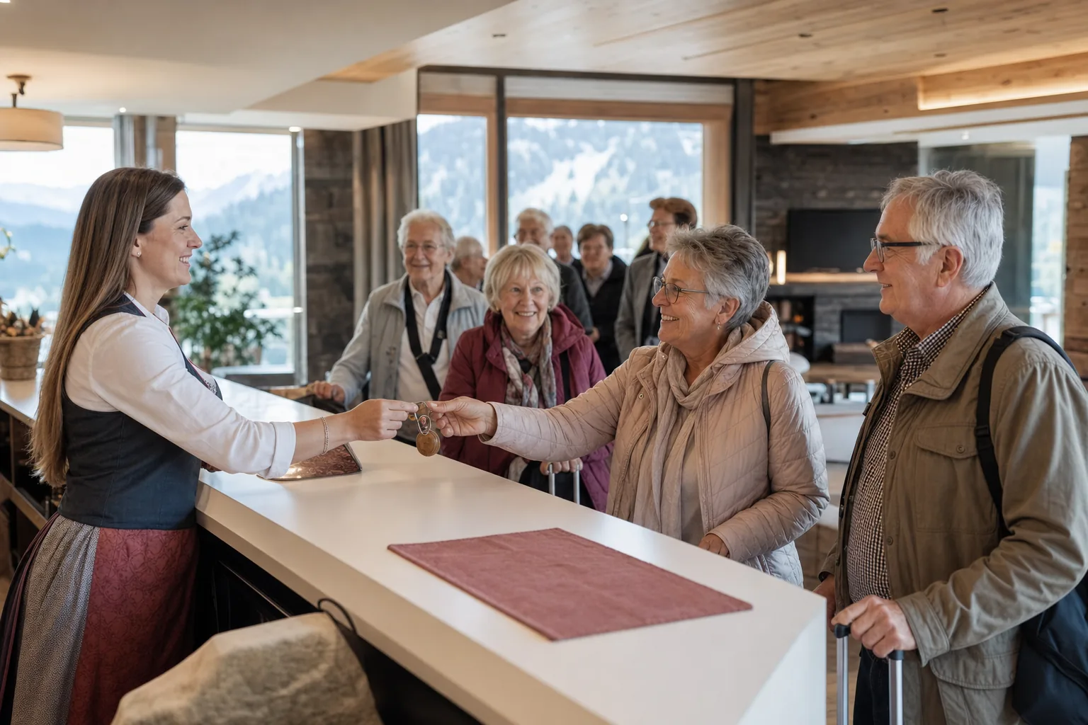 Family-run hotel receptionist welcoming an arriving senior coach group and handing over a room key in a bright alpine lobby