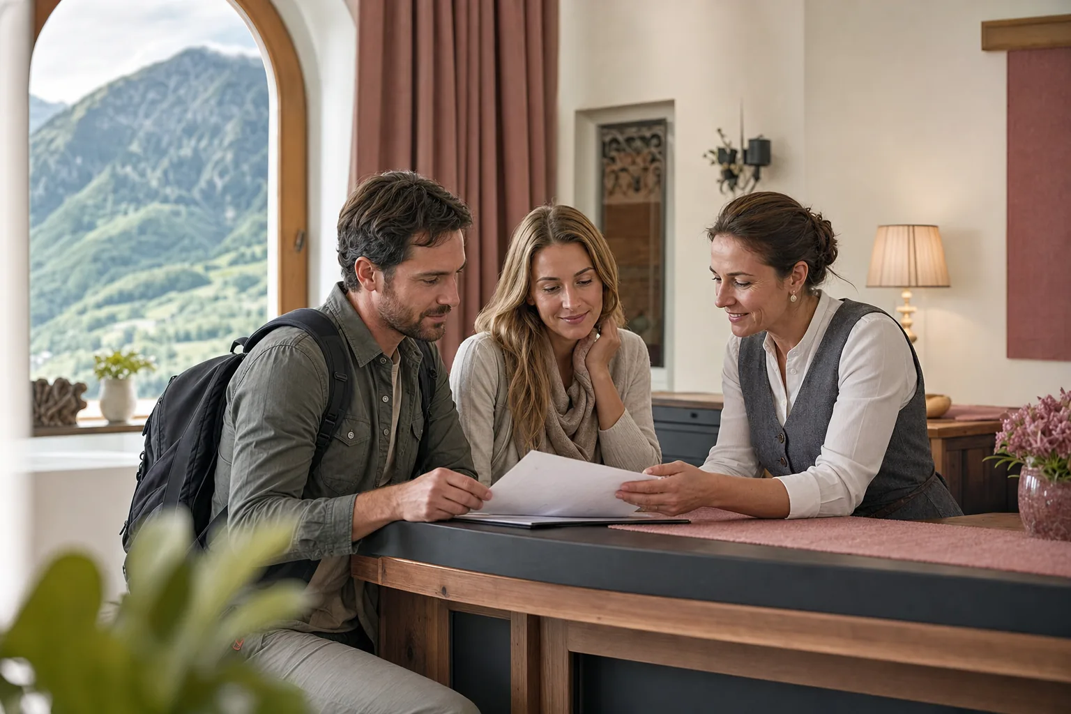 A tour organizer and a family-run hotel host reviewing a contract together at the hotel reception desk